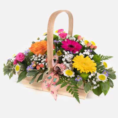 Sherbet Twist - This delightful collection of seasonal blooms is a beautiful way to send your affections. A pretty arrangement in a classic basket simply fizzing with joy and character.