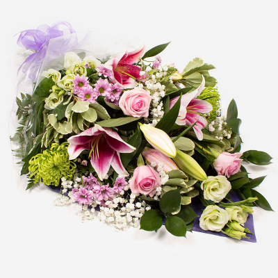 Funeral Flowers SYM-336 - Funeral Flowers in Cellophane Pink, Green & White. A beautiful and classic arrangement to send for a funeral.