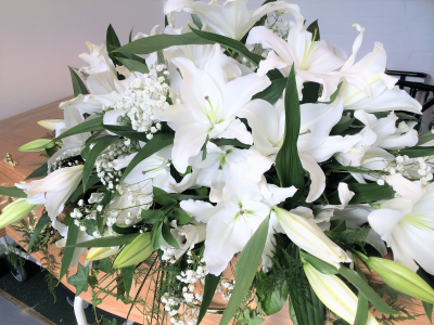 Lily Coffin Spray - Lily coffin spray funeral flowers in Derby by Beauty of Flowers