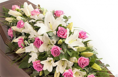 Rose and Lily Coffin Spray S019 - Rose and Lily coffin spray flowers for a funeral in Derby by Beauty of Flowers