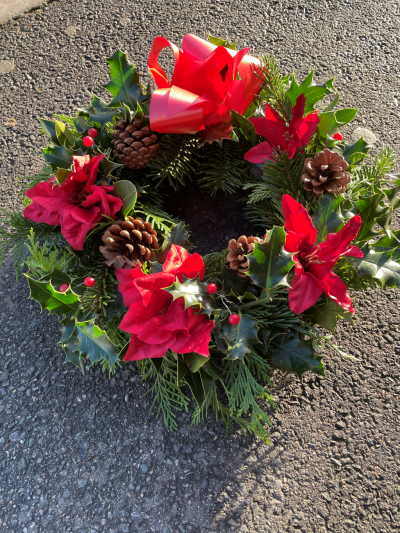 Poinsettia Holly and Spruce Wreath - Fresh holly wreath delivered in Derby by Beauty of Flowers