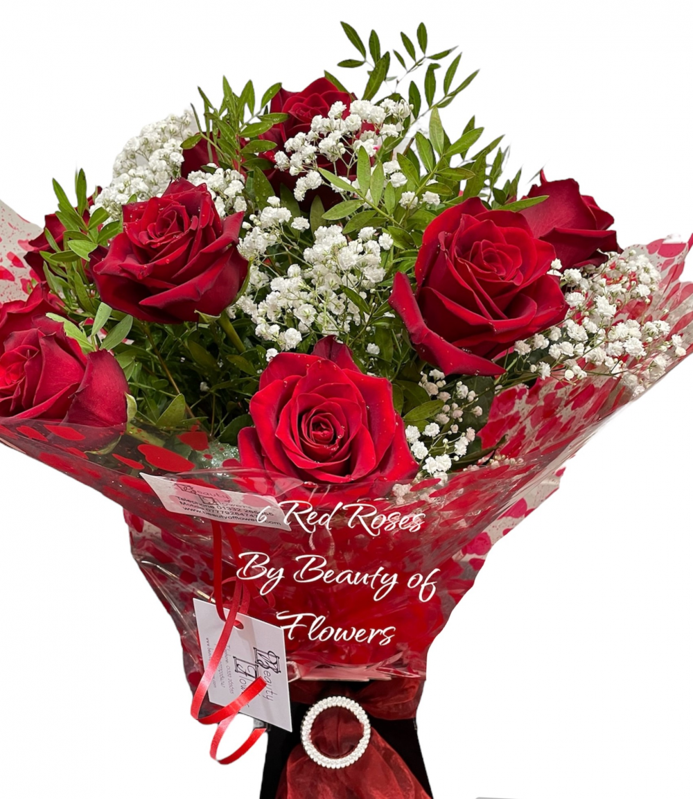 6 Red Rose Watered Hand Tied
