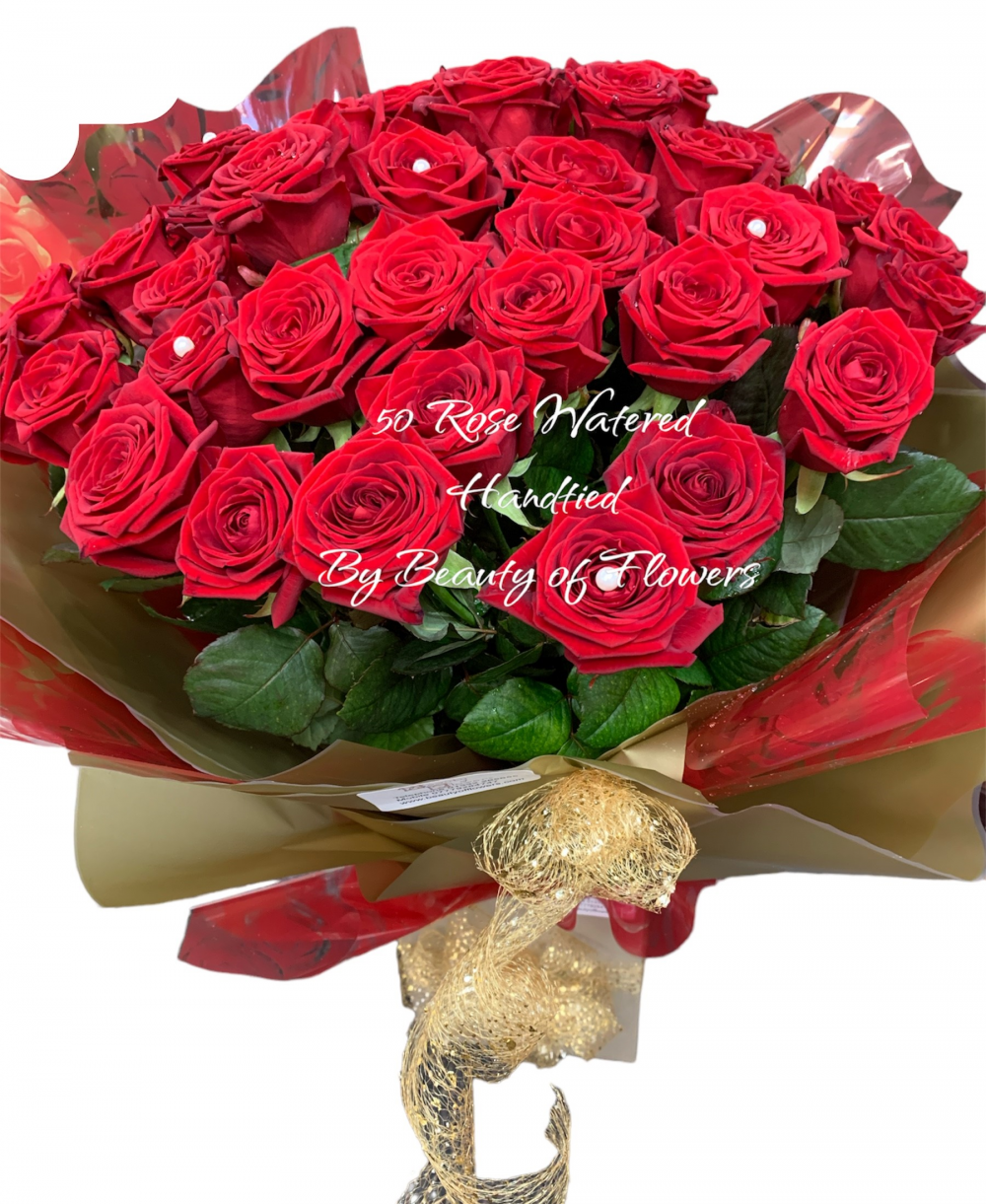 50 Red Rose Watered Hand Tied