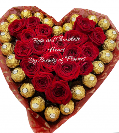 Rose and Chocolate Heart - Rose heart and Ferrero rocher chocolate flowers delivered in Derby and Derbyshire by Beauty of flowers florist